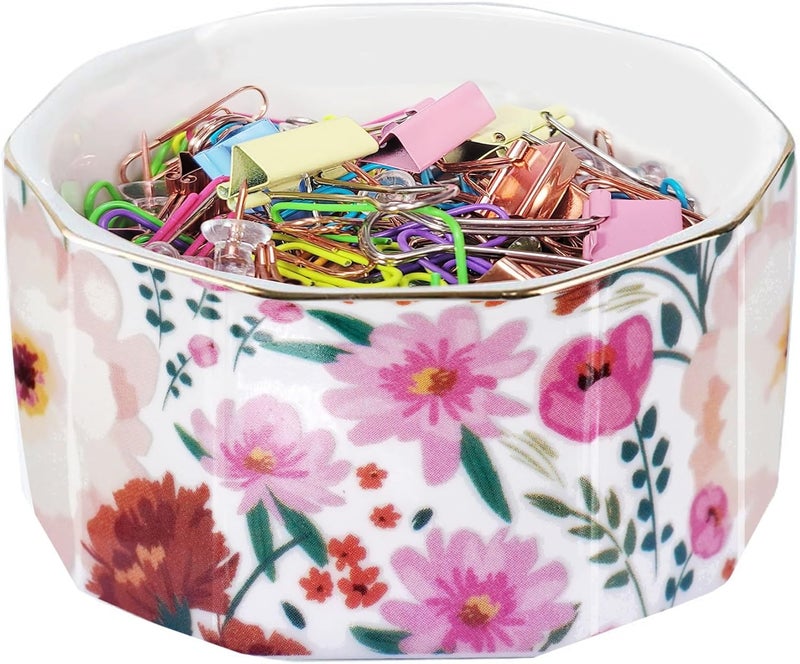 LEAZUL Ceramic Paper Clip Holder Gold Line Paper Clip Dispenser Organizer for Desk Cute Floral Pattern Office Binder Clip Holder Bobby Pin and Hair Clip Holder Gift for Office (White Pink) - Image 1